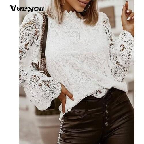 New Elegant Embroidery Hollow Out Lace Blouse Shirt Women Sexy Petal Long Sleeve Pullover Tops Ladies 2021 Autumn Stand Collar
