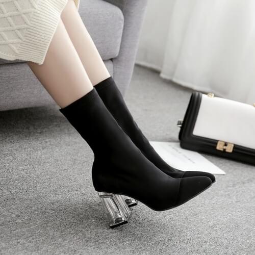 Fashion Ankle Sock Boots Chunky High Heels Transparent Crystal Heel Pointed Toe Women Pumps Elastic Woman Boots Plus Size 35-42