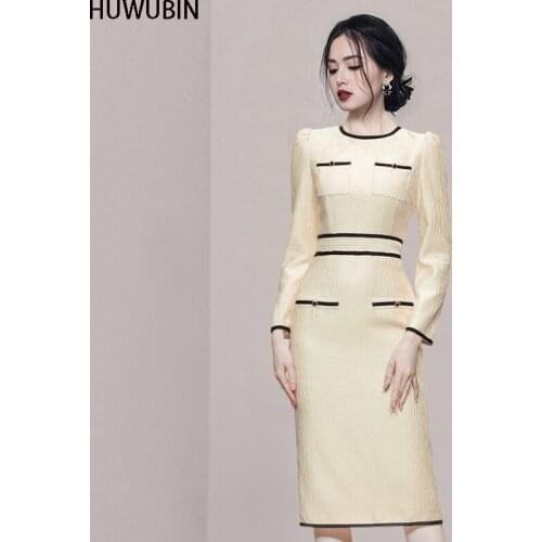2021 Korean Autumn Chic Round Neck High-End Temperament Long Sleeve Waist Closing Thin Medium And Long Stitching Fashion Dress