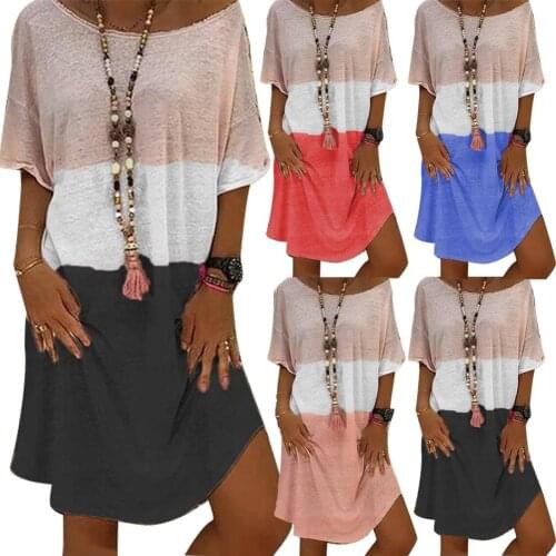 Plus Size Women Casual Summer O Neck Short Sleeve Color Block Loose Knee-length Dress For Girl Ladies Clothing vestidos
