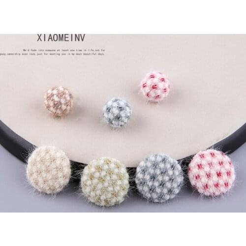10pcs Trendy Round Plush pendant Woolen Wool plaid Hair Ball Flat Button Earrings for Women Hair Accessories Diy Jewelry Making