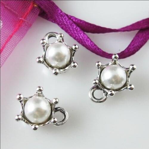 18Pcs White Tibetan Silver Color Acrylic Crown Charms Pendants 10.5x13mm