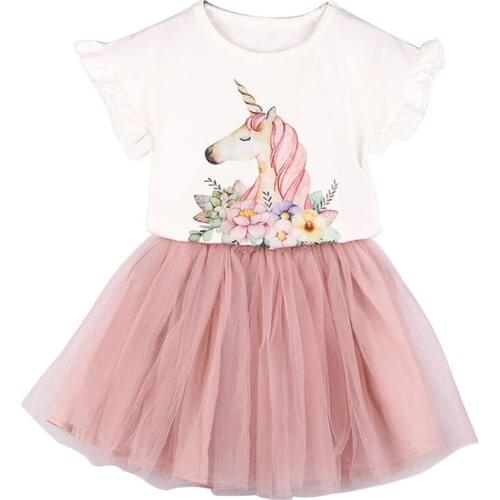 2019 Baby Girls Summer Clothes Set For Kids 3 4 5 6 7 yrs Girl Unicorn Print T-shirt Lace Skirt Sets Childrens Clothing Suits