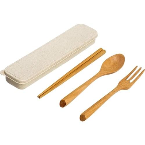 3PCS Portable Wooden Chopsticks Spoon Fork Set With Box For Picnic Healthy