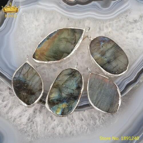 5pcs Natural Labradorite Stone Leaf Shape Pendant For Necklace,Slab Oval Labradorite Charms For DIY Jewelry Making Findings