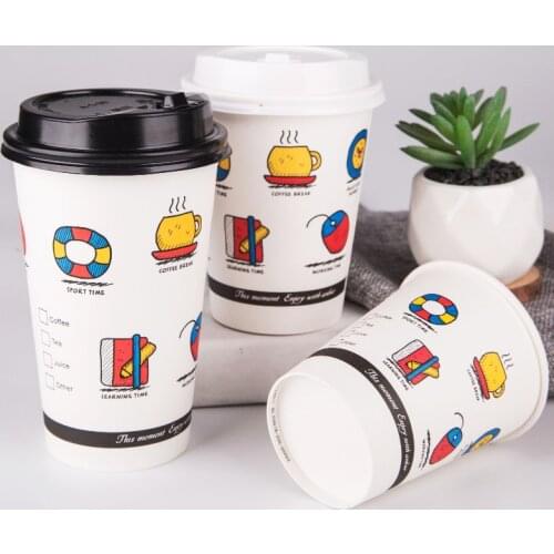 50pcs High quality creative funny disposable milk tea cup thicken coffee tea paper cup drink takeaway packaging cups with lid