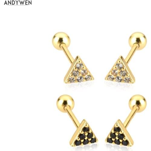ANDYWEN 925 Sterling Silver Gold Triangle Tiny Mini Piercing Stud Earring Rock Punk Small Spring Summer Mini Party Jewelry