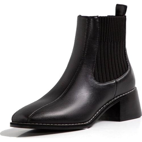 Square Heel Microfiber Stitching Elastic Band Ankle Boots Chunky Heel Short Plush Knitted Wool Microfiber Leather Chelsea Boots