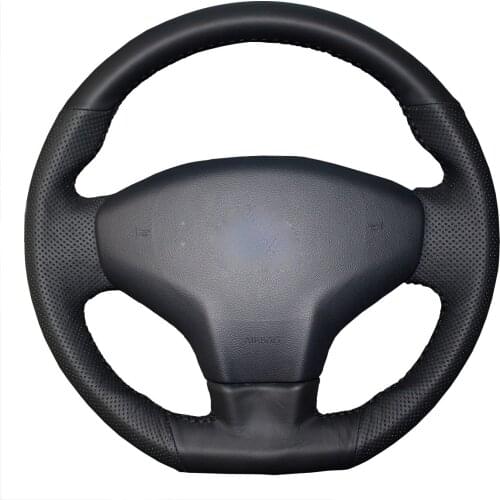 Yuji-Hong Top Layer Genuine Cow Leather Car Steering Wheel Covers Case for Citroen C-Elysee 2013-2017 Natural Leather Black