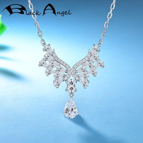 BLACK ANGEL 925 Sterling Silver Shiny White Luxury Moissanit Angel Wings Water Drop Pendant Necklace for Women Wedding Jewelry
