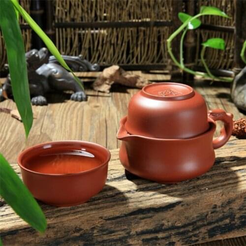 Purple Clay Gaiwan Kung Fu Travel Tea Set 1 Teapot 2 Cups Kettle Portable Tea Cup Home Office Hiking Picnic Camping Drinkware