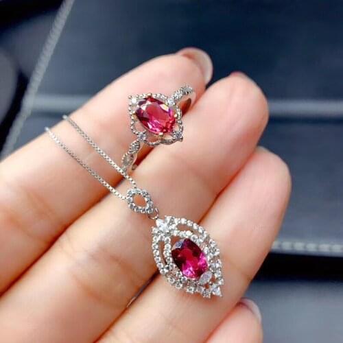 Elegant Garnet Jewelry set Natural And Real Garnet Set 925 sterling silver Fine jewelry 1pc ring,1pc Pendant
