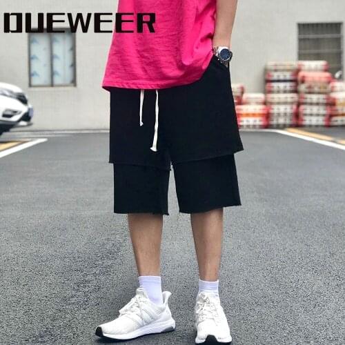 Dueweer Men Harem Casual Shorts Fashion Fake Two Pieces Black Gray Loose Knee Length Terry Trousers Pants Streetwear