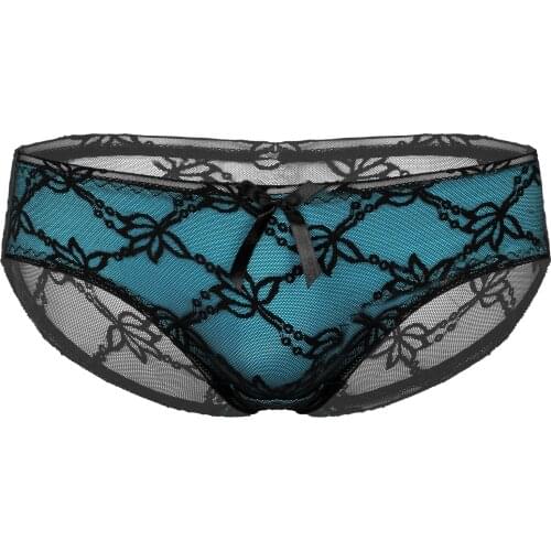 Men Floral Lace Transparent Panties Low Waist Patchwork Undershorts Bowknot See-through Sexy Briefs Stretchy Sissy Underwear