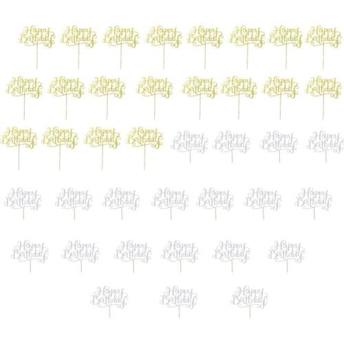 Pack of 40 /Set Glitter Happy Birthday Cake Cupcake Topper Home Party Cake Decor Silver+Gold