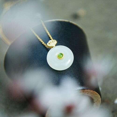S925 Sterling Silver White Jade Pendant Inlaid Natural Hetian Jade Gilding Peace Buckle Jasper Embellished Clavicle Chain Elegan