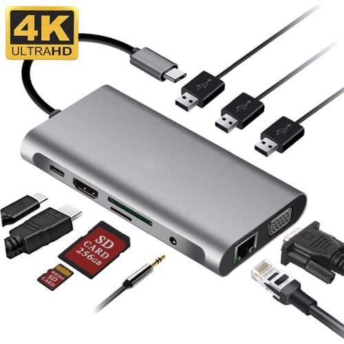 USB Type C Hub Type-C To HDMI 4K VGA Adapter RJ45 Lan Ethernet SD TF USB-C 3.0 Typec 3.5mm jack Audio Video for MacBook Pro OTG