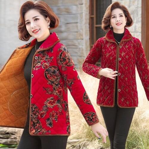 Mom Jacket Womens Autumn Winter Parka Cotton Coats Jacket Elegant Vintage Corduroy Printed Warm Plus velvet Overcoat Oversize