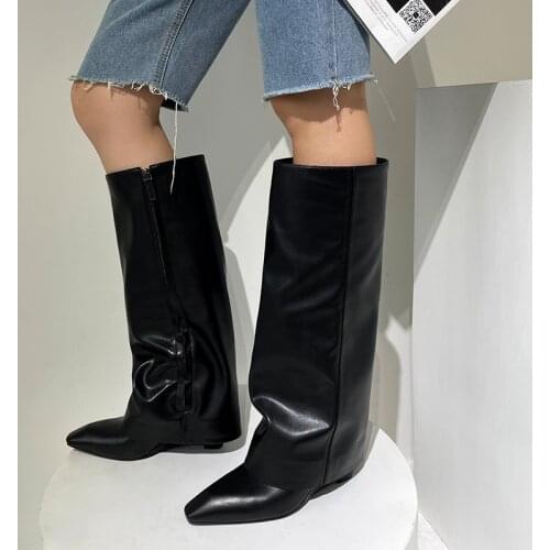 Pleated Thigh High Boots Pointed Toe Patent Leather And PU Women Boots Brand Design Women Shoes European Style zapatillas mujer