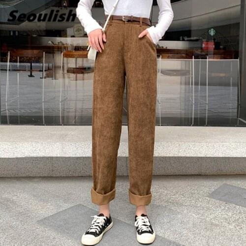 Seoulish New 2021 Autumn Winter Vintage Women Corduroy Pants with Belted High Waist Female Wide Leg Pants Solid Loose Trousers