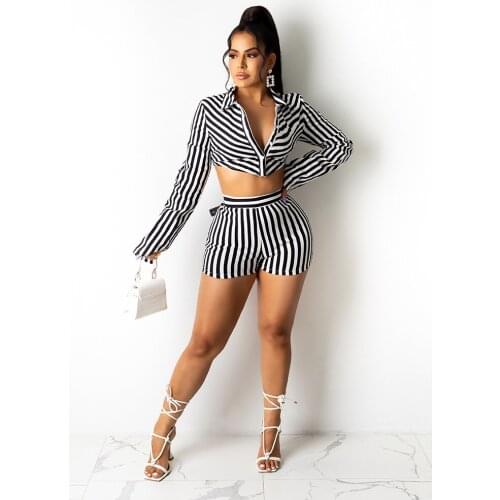 Striped Two Piece Set Women Summer Fashion Striped Shirt Shorts Suit Sexy Striped Two Piece Set Women
