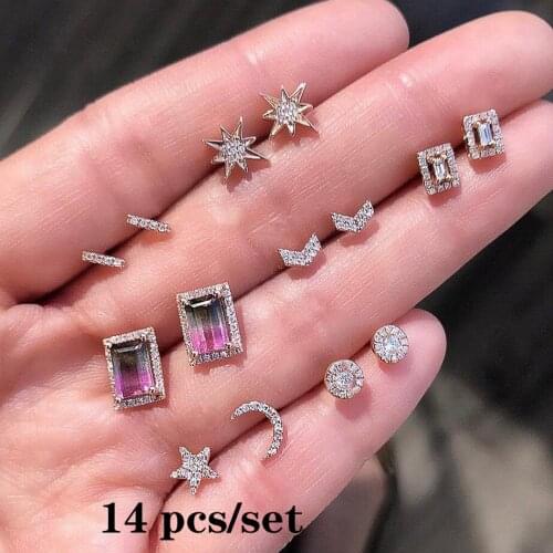 2021 New Fashion Mix Style Moon Star Crystal Piercing Earrings For Women Gold Color Small Heart Cross Butterfly Ear Studs Set