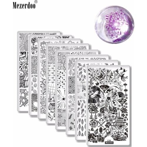 8Pcs Nail Stamping Plates + 1 Stamper + 1 Scraper Flower Feather Geisha Pattern Nail Art Stamp Stamping Template Image Plates