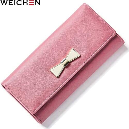 WEICHEN Cute Bow Element Design Wallet Women Soft Leather Female Wallets Purse Ladies Clutch Card Coin Phone Holder Long Style