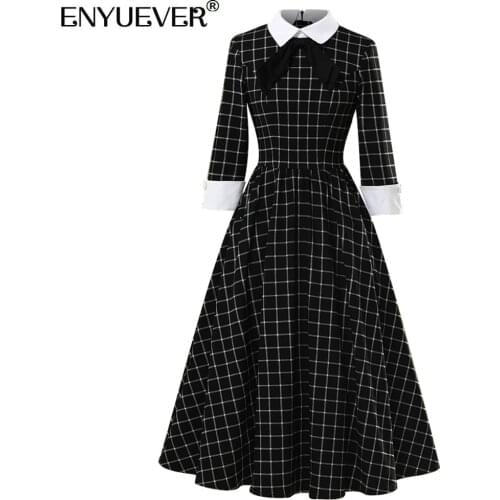 Enyuever Elegant Plaid Office Dress Women Cotton Spring Ladies Clothes Black White Patchwork Robe Pinup Midi Flare Vintage Dress