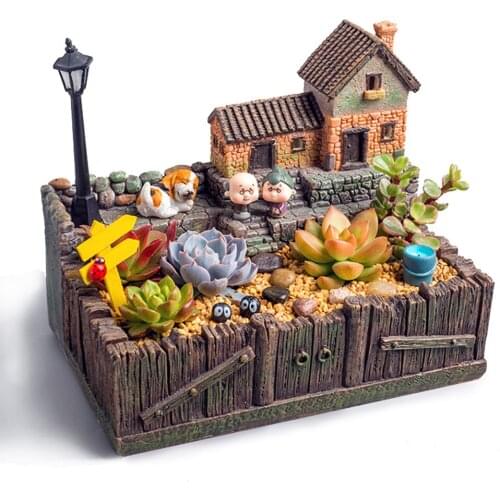 Countryside Rural Building Design DIY Micro Landscape Resin Bonsai Pot With Light Indoor Outdoor Mini Flower Pot For Succulents