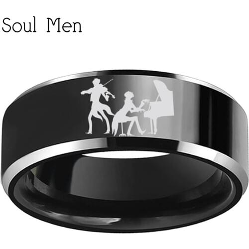 Engraved Classical Violin Piano Violinist Pianist 8mm Black Tungsten Wedding Ring for Men Women