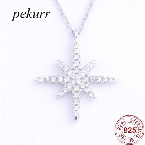 Pekurr 925 Sterling Silver Wedding CZ Big Anise Star Long Necklaces For Women Pandents Romantic Silver Chain Fine Jewelry Gifts