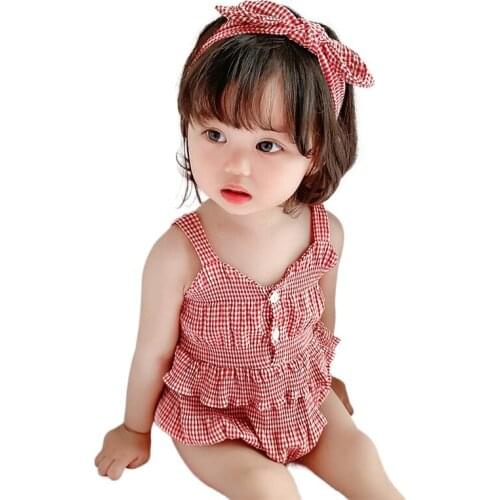 Newborn Infant Baby Girl Clothes Summer Cotton Plaid Onesies with Headband Sling Sleeveless Baby Bodysuit Newborn Girl Outfits