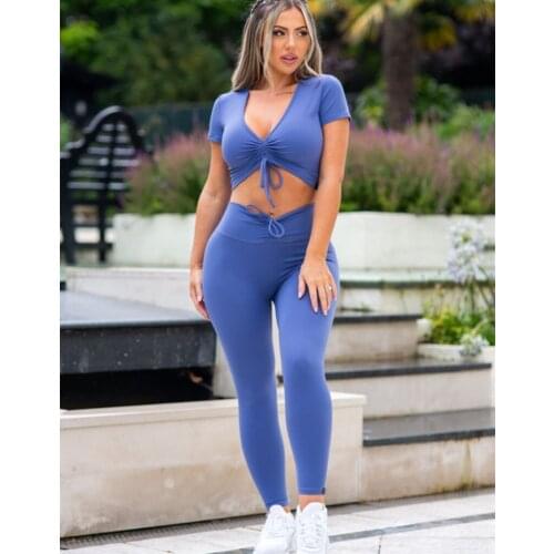 PLSW Sportswear Two Piece Sets Womens Solid color V Neck Short Sleeve Top Drawstring Pant Suits Female Autumn Sexy Matching Set