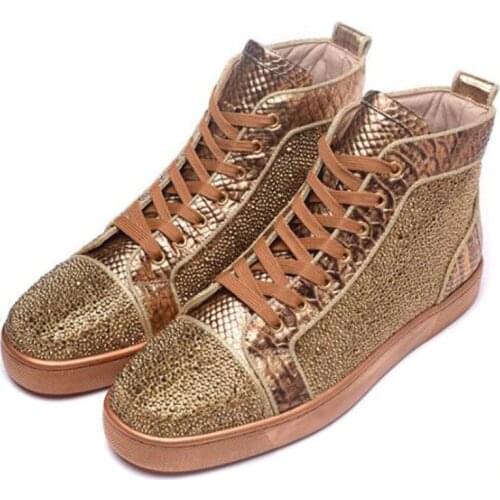 Real Leather Golden Crystal Leisure Shoes Walking Sneaker Outdoor Sports Luxury Designer Shoes for Men Lace Up High Top Sneakers