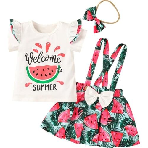 Summer Kids Girl Clothes Set Watermelon Print Short Fly Sleeve T-shirt + Suspender Skirt + Headband 3Pcs Outfits Children Cloth