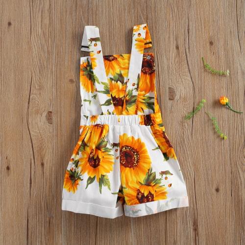 FOCUSNORM Lovely Kids Girls Overalls Rompers Sunflower Print Suspender Shorts With Pockets Outfits 2-7Y