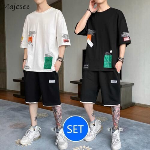 Men Sets Summer Printed Knee-length Trousers Korean Style Fashion Hip-hop Leisure Mens Set Chic Teens Harajuku Streetwear New BF