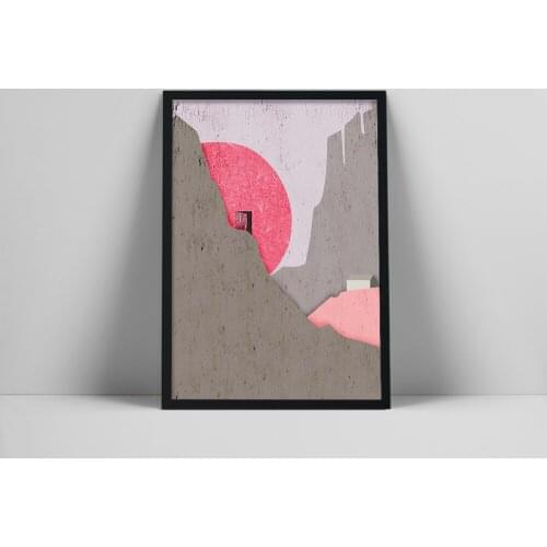 Landscape Minimalist, Pink Sun Wall Art, Absract Collage, Gray Mountain Poster, Contemporary Artwork, Scandinavian style, Living