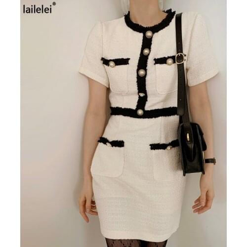 Button O-Neck Fringe Dress Tweed Mini White Vintage Vestidos De Verano Elegant Black Office Korean Vestido Curto Party 2021 New
