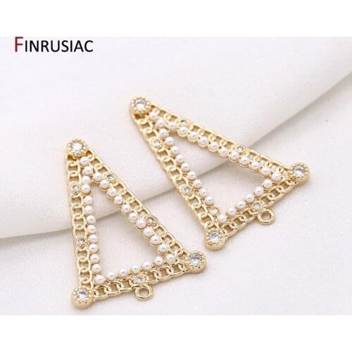 Jewelry Making Supplies 14k Gold Plated Copper Inlaid Zircon and Pearl Triangle Pendant Accessory DIY Necklace Earrings Material