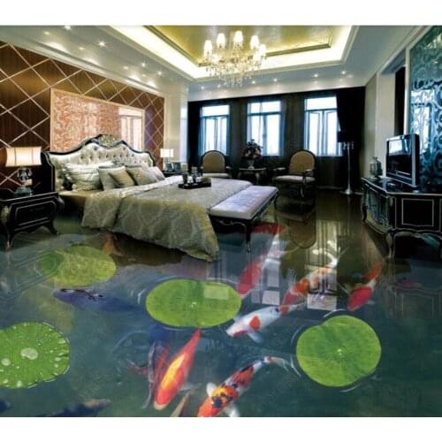 PVC New Chinese style lotus pond koi pebbles non-slip waterproof self-adhesive 3D floor sticker tiles bathroom 3D wallpaper