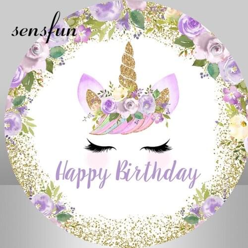 Sensfun Unicorn Theme Party Round Circle Backdrops Purple Flowers Gold Glitter Girls Baby Shower Birthday Photography Background