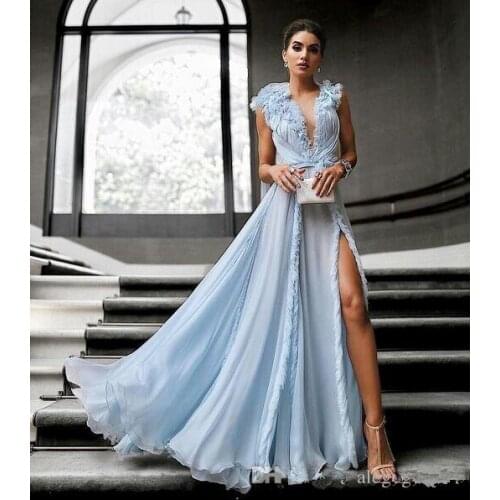 A-Line V-Neck Floor-Length Chiffon Light Sky Blue Simple Celebrity Dresses With Flowers Split Front
