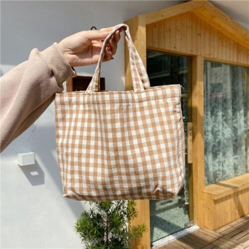 2021 New Portable Lunch Bag Japanese Plaid Cotton Picnic Food Bag Women Simple Small Tote Korean Style Children Lunch Bags Kids
