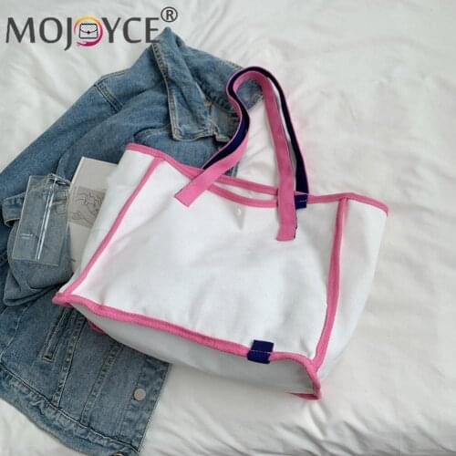 Fashion Women Canvas Shoulder Shopping Bag Ladies Contrast Color Travel Tote Handbags Large Capacity Hand Bags