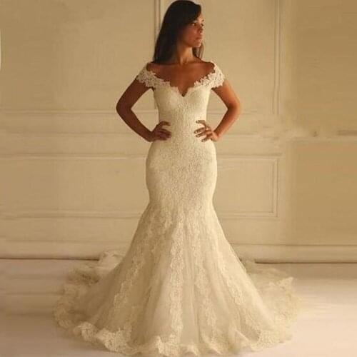 Off the Shoulder Wedding Dress V Neck Mermaid Lace Appliques with Sweep Train Bridal Gowns Vestido De Noiva