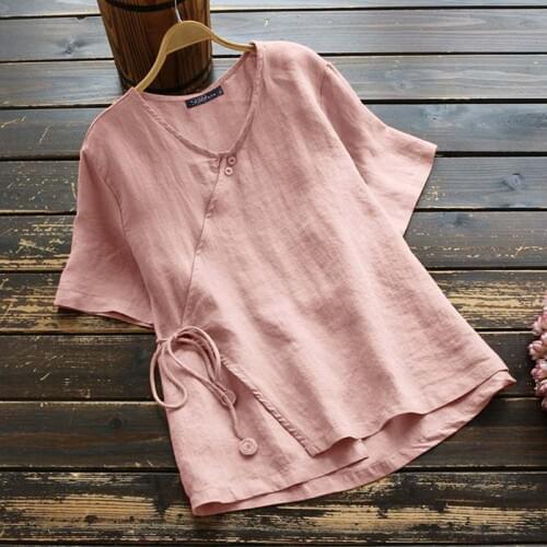 ZANZEA Women Short Sleeve Blouse Summer Vintage Cotton Shirt Femininas Solid Work Blusas Casual Robe Femme Tunic Tops Plus Size