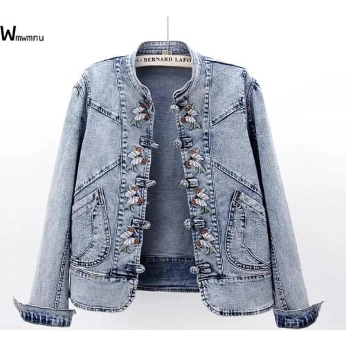 Women Big Size Chinese Style Button Stand Collar Jean Jacket Casual Loose Spring Coat Vintage Butterfly Embroidered Denim Jacket