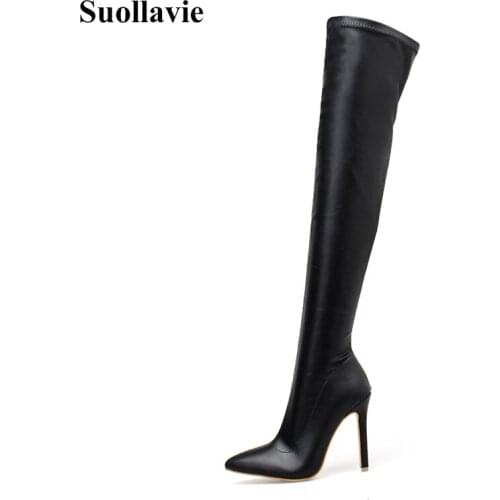 Women Sexy Shoes Boots Fashion High Thin Heels Over The Knee Boots Shoes Woman Pointed Toe Stilettos Sexy Black Boots